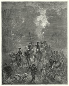Gustave Doren Don Quijote: "Aamu alkoi levittää hymyileviä katseitaan taivaan itäisellä neljänneksellä" (kaiverrus) tekijältä Gustave Dore