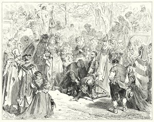 Gustave Doren Don Quijote: "Neitsyt köyhä, vapisten ja tyrmistyneenä sanaakaan puhumatta, tuli köyhän Basilin luo" (kaiverrus) tekijältä Gustave Dore