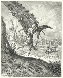 Gustave Doren Don Quijote: "Purje heitti pois sekä ritarin että hevosen mukanaan" (kaiverrus) tekijältä Gustave Dore