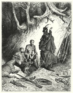 Gustave Doren Don Quijote: "Squires lähti Don Quijotesta, Roquesta ja Sanchosta odottamaan paluutaan" (kaiverrus) tekijältä Gustave Dore