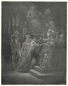 Gustave Doren Don Quijote: "Kunnianarvoisa Montesinos kaatui polvilleen kärsineen ritarin edessä" (kaiverrus) tekijältä Gustave Dore