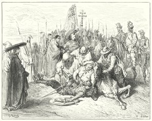 Gustave Doren Don Quijote: "Squire-äänen surkeat aksentit kutsuivat vihdoinkin itselleen Don Quijoteksi" (kaiverrus) tekijältä Gustave Dore