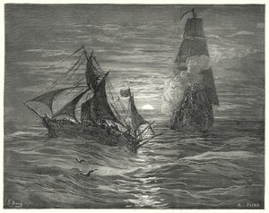 Gustave Doren Don Quijote: "He olivat tuulen alla ja ampuivat meitä kahdella aseella" (kaiverrus) tekijältä Gustave Dore