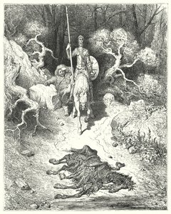 Gustave Doren Don Quijote: "He tulivat puistoon, josta he löysivät muulin makaavan kuolleena" (kaiverrus) tekijältä Gustave Dore