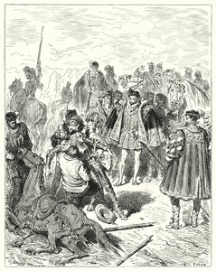 Gustave Doren Don Quijote: "He löysivät hänet kalpeasta ja kylmästä hikestä" (kaiverrus) tekijältä Gustave Dore