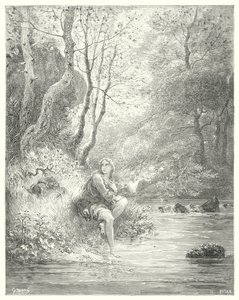 Gustave Doren Don Quijote: "He vakoilivat nuorta maalaistapauksessa istumassa kiven juurella tuhkapuun takana" (kaiverrus) tekijältä Gustave Dore