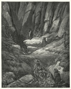 Gustave Doren Don Quijote: "He kulkivat noin kolme neljäsosaa liigasta, ja sitten kivien seassa he vakoivat Don Quijotea, joka oli tähän mennessä pukeutunut ylleen, vaikka ei haarniskaansa" (kaiverrus) tekijältä Gustave Dore