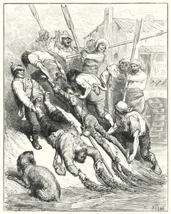 Gustave Doren Don Quijote: "He molemmat vedettiin maihin, enemmän ylimäräisinä kuin janoisina" (kaiverrus) tekijältä Gustave Dore