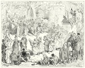 Gustave Doren Don Quijote: "Heidät johdattivat kunnioitettava vanha mies ja emäntänainen" (kaiverrus) tekijältä Gustave Dore