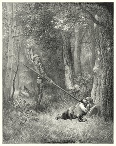 Gustave Doren Don Quijote: "Kaikkeen tähän hienoon väittelyyn Sancho ei vastannut sanaakaan" (kaiverrus) tekijältä Gustave Dore