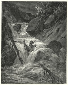 Gustave Doren Don Quijote: "Sillä vähällä voimalla, mitä minulla oli, työnsin hänet alas jyrkänteelle, minne jätin hänet" (kaiverrus) tekijältä Gustave Dore