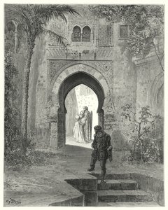 Gustave Doren Don Quijote: "Zoraida, ilmeensä vaikeudet, lähti isänsä kanssa" (kaiverrus) tekijältä Gustave Dore
