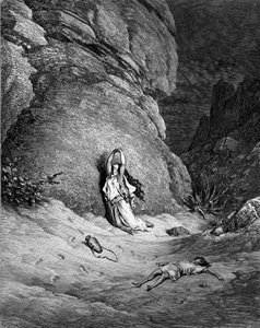 Hagar ja Ismael, kaiverrus Dorén. - Raamattu tekijältä Gustave Dore