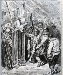 Kuinka päästä eroon Don Quijotesta. Hotellikaupan ihmiset päättivät lukita hänet saamalla hänet uskomaan uuteen lumoukseen ja uuteen ritarilliseen kokeeseen - Miguel Cervantesin (1547-1616) "Don Quijote de la Mancha" (Don Quijote) - Puupiirros piirtämisen  tekijältä Gustave Dore