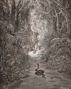 Gustave Doren 1832-1883 kuvitus Ranskalainen taiteilija ja kuvittaja John Miltonin teokseen Kadotettu paratiisi, kirja IX, rivit 434 ja 435. tekijältä Gustave Dore