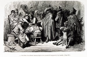 Kuvitus, jossa kuvataan "Kapteeni Fracasse" Theophile Gautierin kuvitteellinen hahmo (kaiverrus) tekijältä Gustave Dore