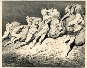 Helvetin neljännessä kehässä, jonka alla Pluto (Haades) on, Avaret ja Prodigat kantavat ja vierittävät raskaita taakkoja (kiviä) ja törmäävät vihaan. Kaiverrus Dante Alighierin teoksesta The Hell (Divine Comedie), jonka on kuvittanut Gustave Dore. Ranskala tekijältä Gustave Dore