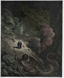 Inferno, Canto 17 : Geryon, petoksen symboli, kuvitus Dante Alighierin jumalallisesta komediasta, 1885 tekijältä Gustave Dore