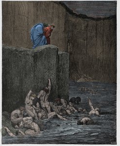 Inferno, Canto 18 : Ihailijat ja imartelijat kahdeksannessa ympyrässä, kuvitus Dante Alighierin jumalallisesta komediasta, 1885 tekijältä Gustave Dore
