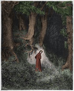 Inferno, Canto 1: Dante villissä metsässä, kuvitus Dante Alighierin jumalallisesta komediasta, 1885