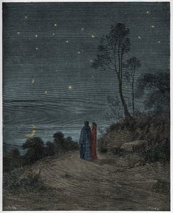 Inferno, Canto 2 : Ensimmäisen yön tummuva taivas, kuvitus Dante Alighierin jumalallisesta komediasta, 1885 tekijältä Gustave Dore