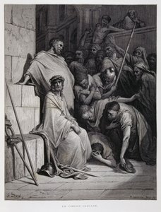 Kristuksen loukkaukset hänen oikeudenkäynnissään, kuvitus Dore Bible -teoksesta. tekijältä Gustave Dore