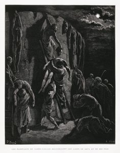 Jabes-Gileadin asukkaat löytävät Saulin ja hänen poikiensa ruumiit, kuvitus Doren Raamatusta tekijältä Gustave Dore