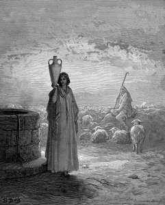 Jaakob, joka pitää Labanin laumoja, näkee Raakelin kaivolla vuonna 1866 tekijältä Gustave Dore