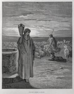 Jaakob näkee Raakelin Laabanin kodin kaivolla, kuvitus Dore Bible -teoksesta. tekijältä Gustave Dore