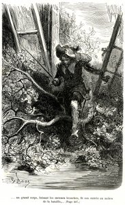 Jacquemin Lampourde, ase kädessään, saapui taistelupisteeseen. Gustave Doren kaiverrus, joka kuvittaa Theophile Gautierin pikareskiromaania viitta ja epee "Le capitaine Fracasse", edition Charpentier 1863. tekijältä Gustave Dore