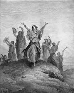 Jeftan tytär Iphis tanssii häntä kohti - Raamattu tekijältä Gustave Dore