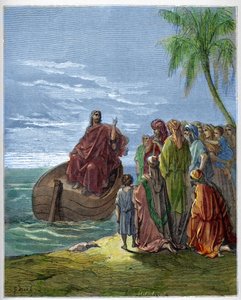 Jeesus saarnaa Genesaret-järvellä (Genesareth, Ginosar tai Kinneret) (Tiberiad-järvi) (Galileanmeri) - Jeesus saarnaa Galileanmerellä - - Kaiverrus Gustave Doren (1832-1883) "The Bible illustree" -kirjaan - Kaiverrus kohteesta " "Doren raamattu"" tekijältä Gustave Dore