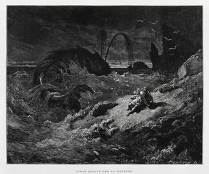 Valas heittää Joonan kuivalle maalle, kuvitus Dore Bible -teoksesta. tekijältä Gustave Dore