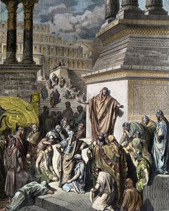 Joona kehottaa ninivitsalaisia katumukseen - Joona rohkaisee ninivilaisia katumukseen - Pannemakerin kaivertama esimerkki Gustave Doren "Pyhästä Raamatusta" tekijältä Gustave Dore