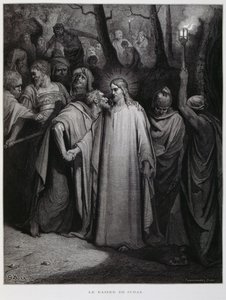 Juudas pettää Jeesuksen suudelmalla; kuvitus Doren Raamatusta. tekijältä Gustave Dore