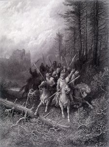 Kuningas Arthur Brocelianden metsässä (Pyöreän pöydän ritarien sykli) - Alfred Tennysonin teoksessa "Viviane", G. Dorén kuvitus. tekijältä Gustave Dore