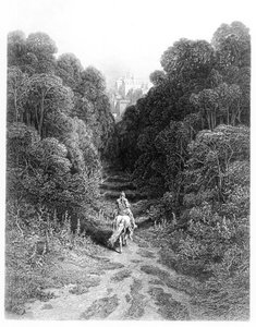 Lancelot lähestyy Astolatin linnaa, kuvitus Alfred Tennysonin (litho) teoksesta "Idylls of the King" tekijältä Gustave Dore