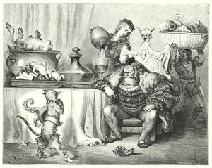Mestarikissa tai saappaiden pussi; Puss In Boots (kaiverrus) tekijältä Gustave Dore