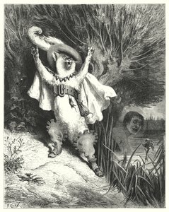 Mestarikissa tai saappaiden pussi; Puss In Boots (kaiverrus) tekijältä Gustave Dore
