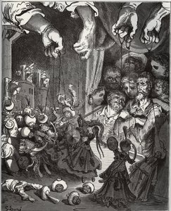 Maese Pedron nukketeatteri - Miguel Cervantesin (1547-1616) "Don Quijote de la Mancha" (Don Quijote) - Gustave Doren piirtämän puupiirros tekijältä Gustave Dore