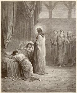 Ihme: Jeesus Kristus paransi Jairen tyttären (Jairus tai Jairos). Gustave Doren (1832-1883) kuvittama kaiverrus Raamatusta tekijältä Gustave Dore