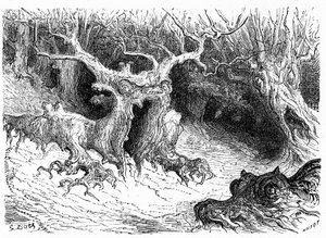 Hirviöpyökki Ossaun laaksossa, antropomorfiset hirviöpuut. Gustave Doren kaiverrus, joka kuvittaa kirjaa "Voyage aux Pyrenees d