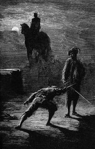 Yöllinen kaksintaistelu kuunvalossa paroni de Sigognacin ja Jacquemin Lampourden välillä pronssikuninkaan ratsastajapatsaan alla. Gustave Doren kaiverrus, joka kuvittaa Theophile Gautierin romaania "Kapteeni Fracasse". Charpentier Edition 1863. tekijältä Gustave Dore