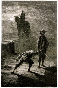 Yöllinen kaksintaistelu kuunvalossa paroni de Sigognacin ja Jacquemin Lampourden välillä pronssikuninkaan ratsastajapatsaan alla. Gustave Doren kaiverrus, joka kuvittaa Theophile Gautier