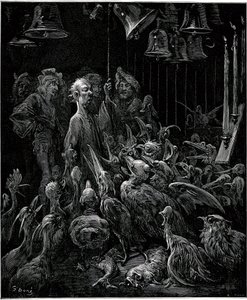 Sonnante-saarella Panurge saa linnut laulamaan soittamalla kelloja - Gustave Doren kuvitus Francois Rabelais