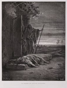 Gibean raivostuminen, leeviläinen kantaa kuolleen jalkavaimonsa pois, kuvitus Dore Bible -teoksesta. tekijältä Gustave Dore