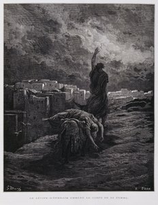 Gibean raivostuminen, leeviläinen kantaa kuolleen jalkavaimonsa pois, kuvitus Dore Bible -teoksesta. tekijältä Gustave Dore