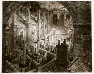 Yli Lontoon - Rautateitse, "London, pyhiinvaellus", kirjoittanut William Blanchard Jerrold (1826-94) ja kaivertanut Pannemaker, pubi. 1872 tekijältä Gustave Dore