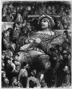 Pantagruel testaa mielensä pariisilaisia tutkijoita vastaan - kuvitus teoksesta "Gargantua ja Pantagruel", kirjoittanut Francois Rabelais - kaiverrus Gustave Doren (1832-1883) tekijältä Gustave Dore