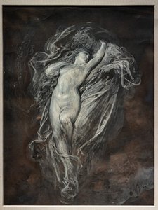 Paolo ja Francesca da Rimini helvetissä, ennen vuotta 1861 (intian tussipesu ja valkoinen tempera ruskealle sävytetylle paperille). tekijältä Gustave Dore